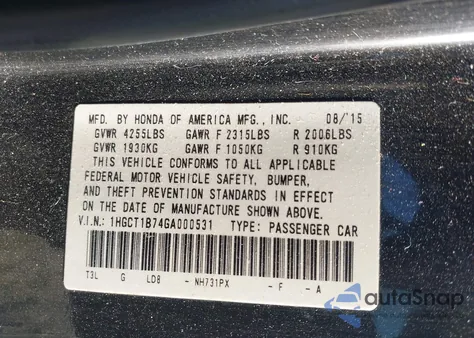2016 Honda Accord Ex from USA, damaged, VIN 1HGCT1B74GA000531